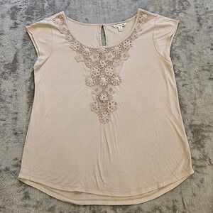 American Eagle Floral Crochet Lace Bib Top Tan Beige Short Sleeve Medium Boho